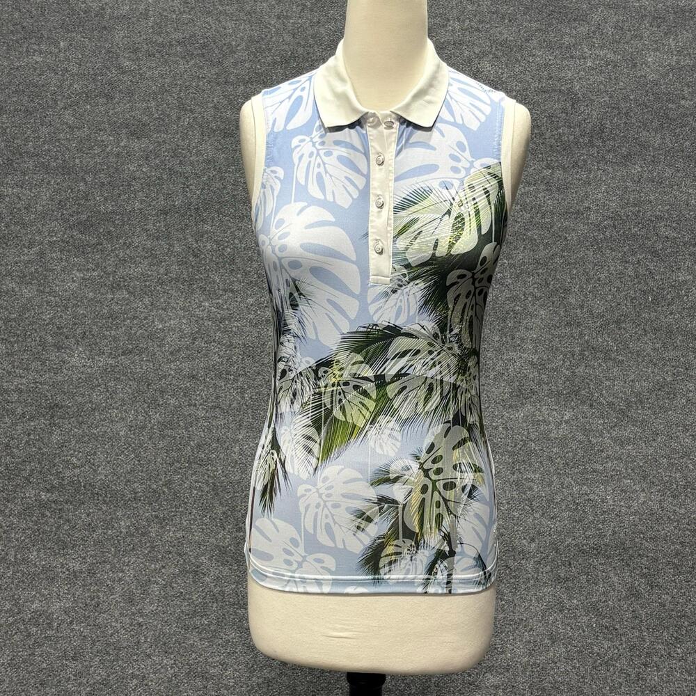 Golfino Polo Shirt Womens XS 4 Blue Palm Leaf Print Sleeveless Golf Top Tropical
